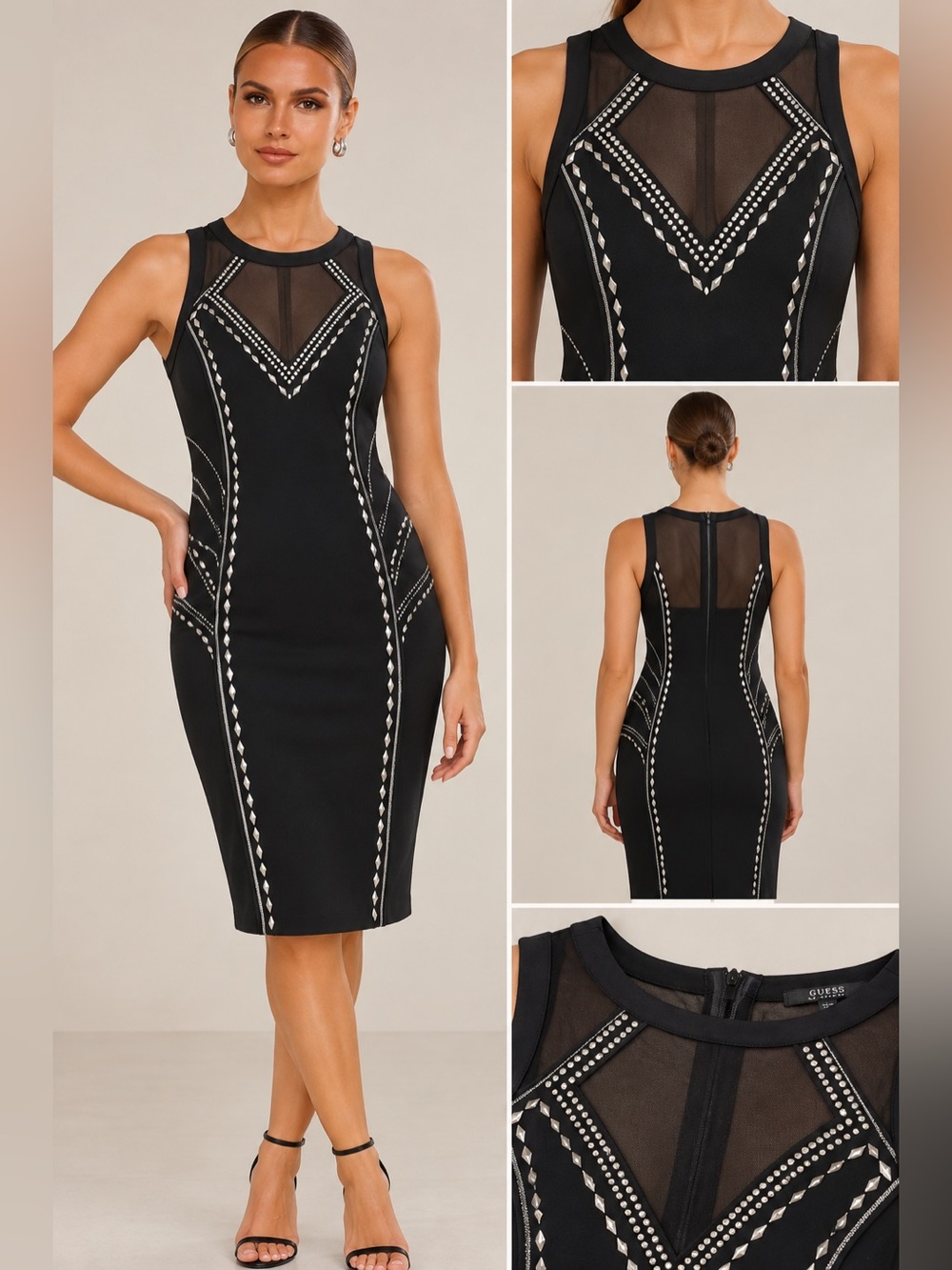 Guess Black Embellished Mesh-Panel Sheath Dress XL